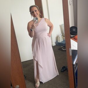 David’s Bridal chiffon one-shoulder bridesmaid dress with cascade